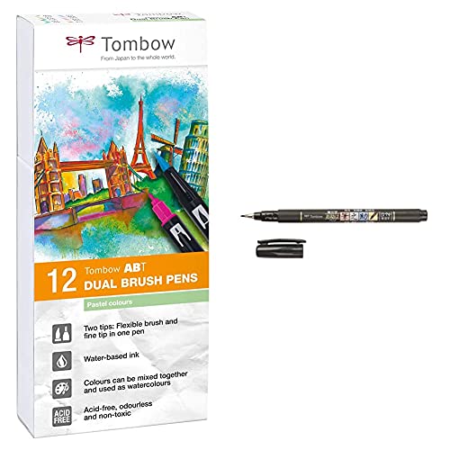 Tombow Abt-12P-2 Fiber Pen Dual Brush Pen Con Dos Puntas Juego De 12 Colores Pastel + Ws-Bs Fudenosuke Pluma Escobilla, Punta Blanda, Tinta Negra