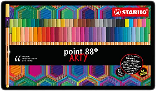 STABILO, Rotulador punta fina STABILO point 88 ARTY, Estuche de metal con 66 unidades (65 colores)