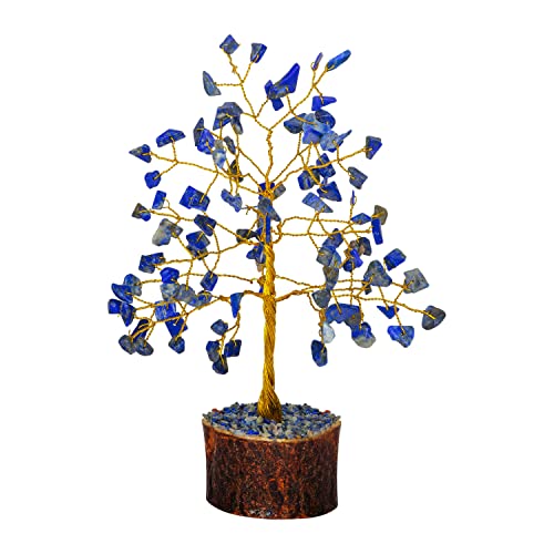 FASHIONZAADI Lapis Lazuli Gemstone Bonsai Money Tree Feng Shui Crystal Chakra Stone Healing Crystals Trees Good Luck Home Office Table Décor Health Prosperity Gift Size 7-8 Inch (Silver Wire)