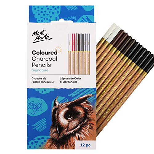 MONT MARTE Lapices Carboncillo de Color - 12 piezas - Carboncillo para el arte - Lápices de dibujo, plumas de artista - Ideal para dibujos impresionantes - Perfecto para Principiantes, Profesionales