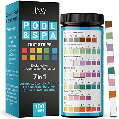 JNW Direct - Tiras de prueba para piscina y spa, paquete de 100 tiras, prueba de pH, cloro, bromo, dureza y más, pruebas precisas 7 en 1 de agua de piscina, aplicación gratuita