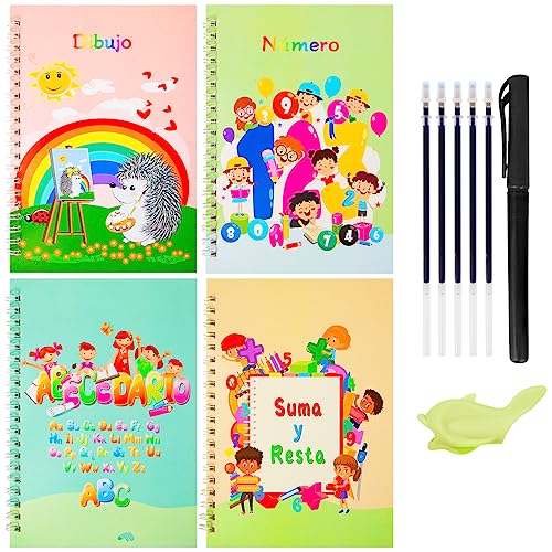 4 Piezas Libros Mágicos de Caligrafía para Niños, Libros de Caligrafia Magicos Español, Cuadernos Magicos Caligrafia Español, Libro Escritura Magica para Aprende a escribir Cuaderno Caligrafia Magico