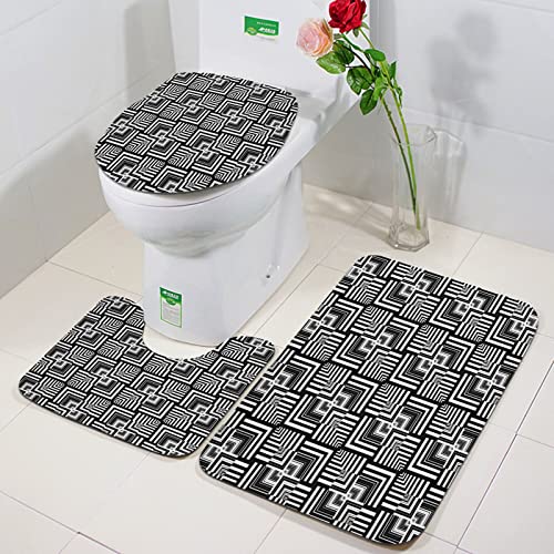 Juego de Alfombrillas de baño de Microfibra de 3 Piezas,Patrón de Op Art geométrico en blanco y negro Efecto de ilusión óptica a cuadros in,Alfombras de baño Antideslizantes y Alfombrillas de Pedestal