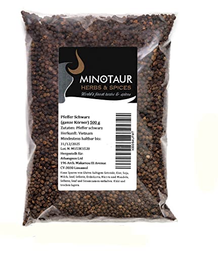 Minotaur Spices | Pimienta Negra | Granos de Pimienta Enteros | 2 x 500g (1 Kg)