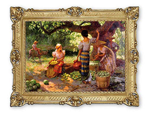 Lnxp Cuadro de 90 x 70 cm para artistas; F. Amorsolo 'bajo el árbol de mango'Cuadro barroco marco antiguo Repro