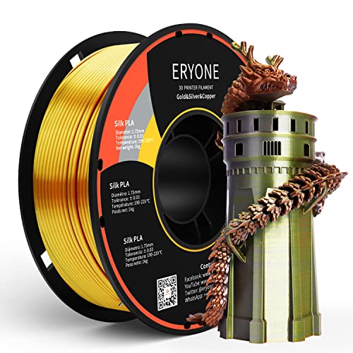 ERYONE Filamento PLA Seda Tricolor, Filamento de Impresora 3D Dicromático de 1,75 mm, 0,03 mm, Seda Oro Plata y Cobre