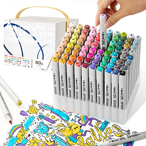Arrtx OROS 80 colores rotuladores de alcohol punta doble pincel y cincel, marcadores permanentes con caja portátil para niños, principiantes, artistas para colorear, dibujar, ilustrar