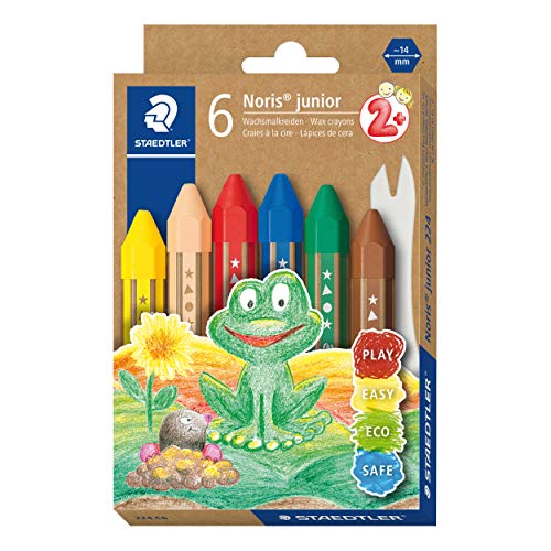 STAEDTLER Noris Junior 224 C6 - Crayones de cera gruesos para niños, 6 colores surtidos en caja de cartón.