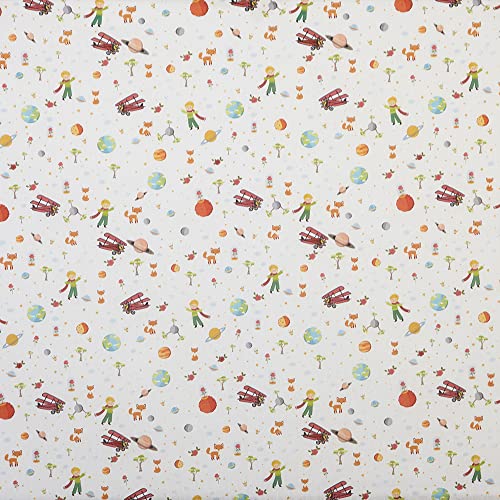 Kt KILOtela - Tela Popelín Estampada Digital, Algodón, Decoración, Ropa Vestir, Accesorios, Manualidades, Patchwork, 100 cm Largo x 140 cm Ancho, Principito, Multicolor, Blanco - 1 Metro