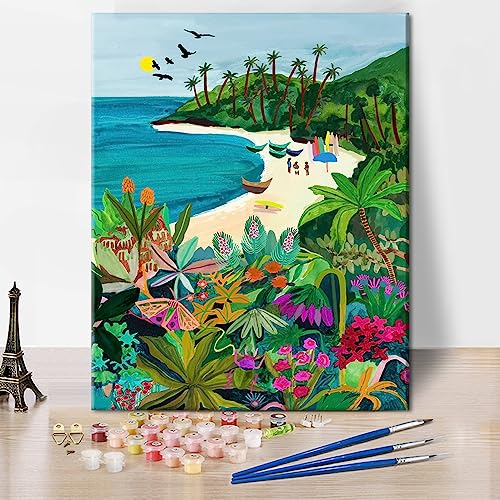 TISHIRON Kit de pintura por números para adultos paisaje playa y mariposa pintura por números con lienzo, pinceles y pintura acrílica - Kit de pintura al óleo pintada a mano como regalo 40 x 50 cm