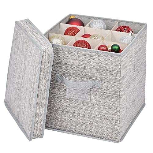 mDesign Caja organizadora con 27 subdivisiones – Organizador de armario de fibra sintética y cartón para lazos de regalo y cintas – Moderna caja con compartimentos, tapa y asas – gris y beige