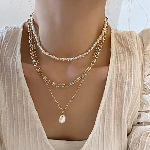 Collar de joyería Fina de Lujo para Mujer, Cadenas de Oro cuadradas, Colgante de Perlas, Collares de Perlas Naturales Irregulares para Mujer, Regalo de Boda