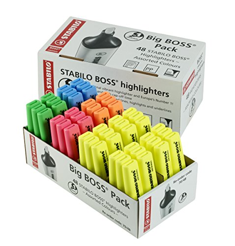 Stabilo Boss original Big Boss Penne Highlighter - Marcador, surtido (Paquete de 48 - 24 amarillo , 6 rosa, 6 naranja , 6 azul, 6 verde )