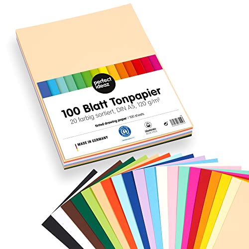 perfect ideaz Papel tintado DIN-A5 (148 x 210 mm) 100 hojas de colores, en 20 colores diferentes, grosor de 120g/m², Papel para manualidades de la mayor calidad