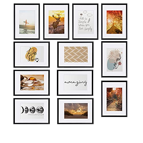 bomoe Sunlight Juego de Marcos de Fotos 12 Piezas 12x 13x18 cm con Paspartú – Decoración Mural Marcos de Fotos de Plástico y Cristal de Plástico – Marco Fotos Negro