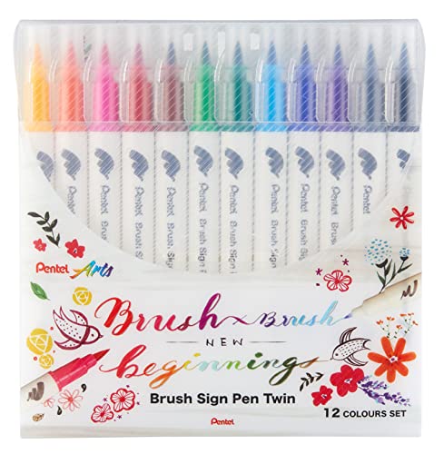 Pentel SESW30C-12 Brush Sign Pen Twin, 12 colores, rotuladores con dos puntas flexibles, tinta a base de agua, surtidos