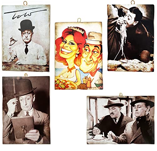 KUSTOM ART Juego de 5 cuadros estilo vintage serie actores famosos Totò Antonio De Curtis. Impresión en madera 25 x 18 cm.