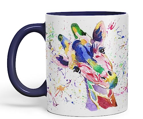 Vixar Taza de colores con diseño de jirafa de acuarela, regalo de cumpleaños, trabajo, oficina, té de Navidad, café (azul marino)