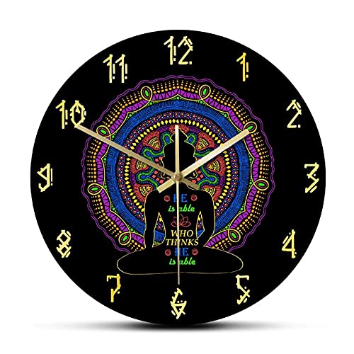 JKLMZYT Él es Capaz quien Piensa Que es Capaz Buda Silueta Mandala Diseño Reloj de Pared Estudio de Yoga Decoración de Arte Zen Reloj de Pared silencioso colgante-30X30cm