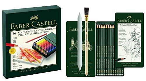 110038 - POLYCHROMOS Faber-Castell, 36er Atelierbox con lápiz Faber-Castell 119065 - Castell 9000, 12er tipo Set, con Estompe y Radierstift)