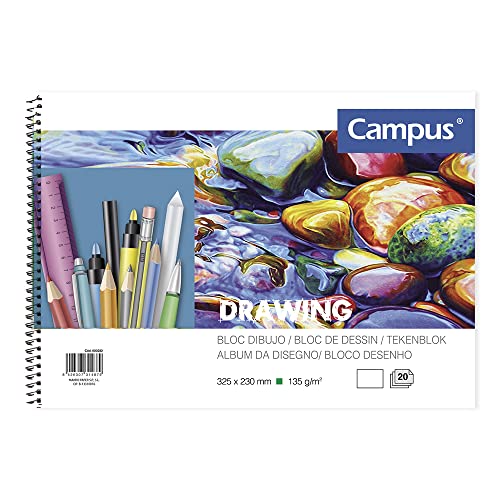 Campus - Bloc de Dibujo A4 Cuaderno de Bocetos con Espiral 20 Hojas 135 gramos en Blanco para Carboncillo, Lápiz, Ceras o Pastel