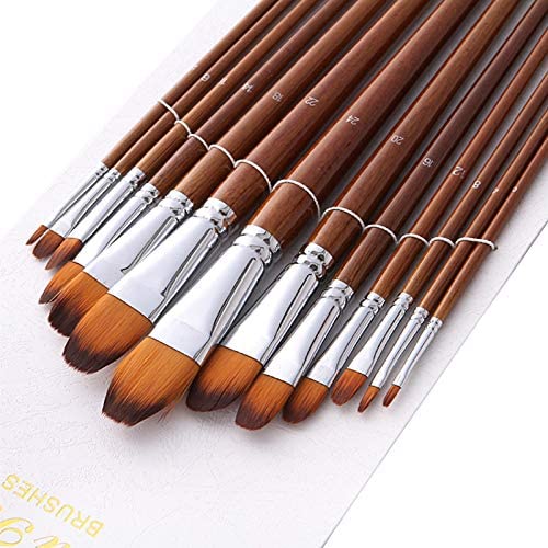 Pincel de artista-13Pcs Nylon Hair Filbert Flat Tipped Paint Brushes Set Abedul Mango Largo para Acuarela, acrílico y Pintura de Revestimiento