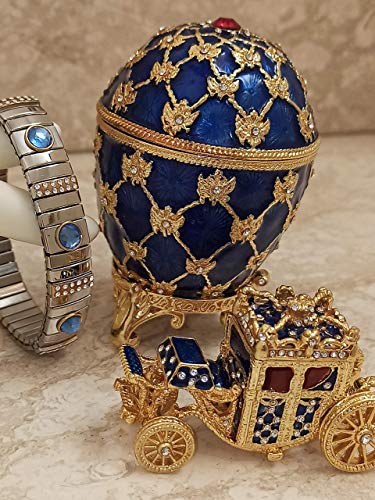 Fabrege egg decor Collectible Set Queens Carriage 24k GOLDBraclet Blue Faberge style egg LUXURY gifts for women 10ct austrian crystal Ruby 4.75ct HANDMADE DESIGNER Trinket box gift