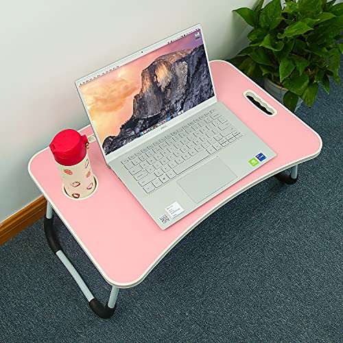Mesa de cama ajustable para ordenador portátil, mesa de escritorio plegable con soporte para tazas, bandeja de mesa antideslizante, tamaño 10.6 pulgadas de alto,23.6 pulgadas de largo (rosa)