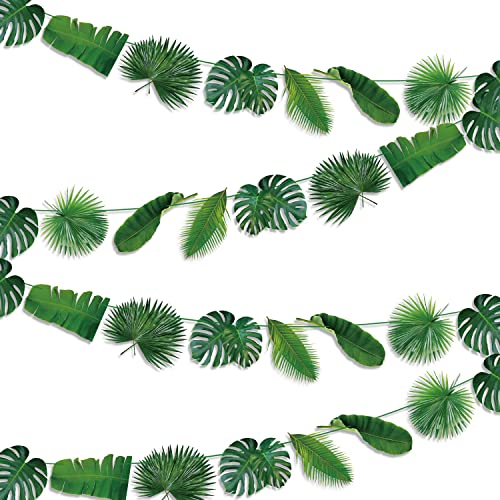 Hojas de Palma - Decoración para Fiestas, 4 Pcs Tropical Hojas Banderas Guirnalda de Hojas de Palma Artificial Verde, Decoración de Fiesta con Hojas de Palma para Fiestas Temáticas Hawaianas