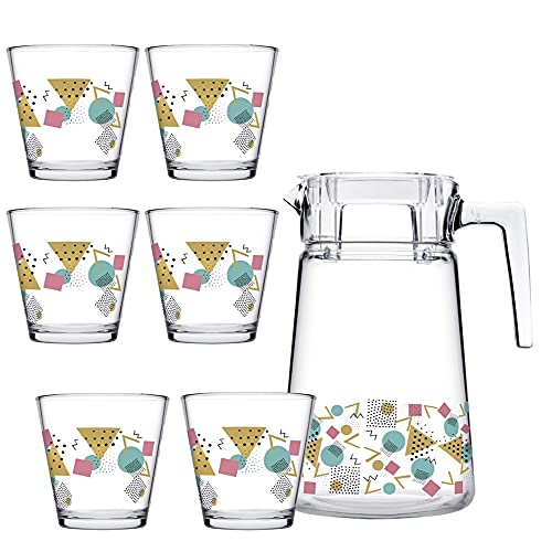 UNISHOP Set de Jarra y 6 Vasos de Cristalcon Dibujos, para Agua y Limonada, Apto para Lavavajillas (Dibujo 1)