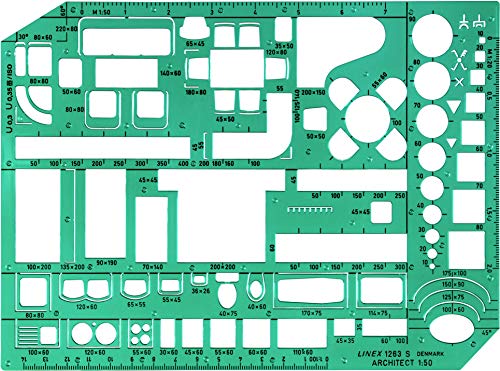 Linex LXG1263S - Plantilla para dibujar muebles (con símbolos de muebles y habitaciones, escala 1-50, 230 x 160 mm, tintada), color verde