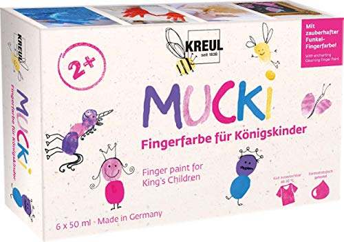 KREUL 23051 - Pintura de dedos Mucki para niños reales, 6 x 50 ml en blanco, rosa polvo de hadas, rosa, morado, azul, tesoro dorado, sin parabenos, sin gluten, sin lactosa, vegano, lavable