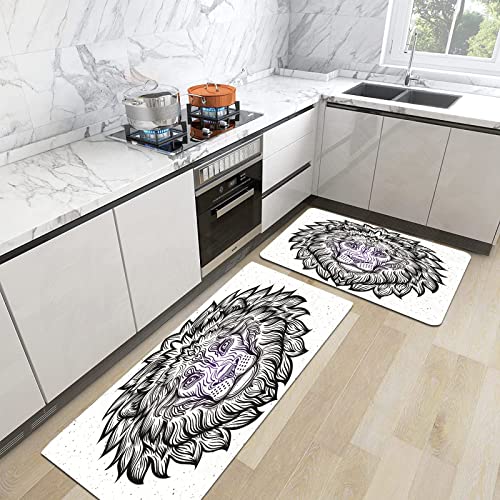 Alfombra de Cocina Antideslizante Impermeable de fácil Cuidado 2 Piezas,León detallado en línea de filigrana azteca Zentangle Tattoo Página para colorear para adu,Alfombra de Cocina antifatiga de PVC