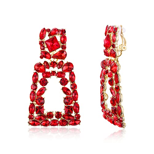 EVER FAITH Pendientes Mujer Rhinestone Cristal Colgantes Rectangulasres Aretes con Clip para Regalos Rojo Tono Dorado