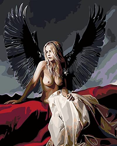 PNDGMCSY Pintar por Numeros Adultos, Angel Black Wings Mujer Desnuda DIY Pintura por números con Pinceles y Pinturas Decoraciones para el Hogar 40 x 50 cm