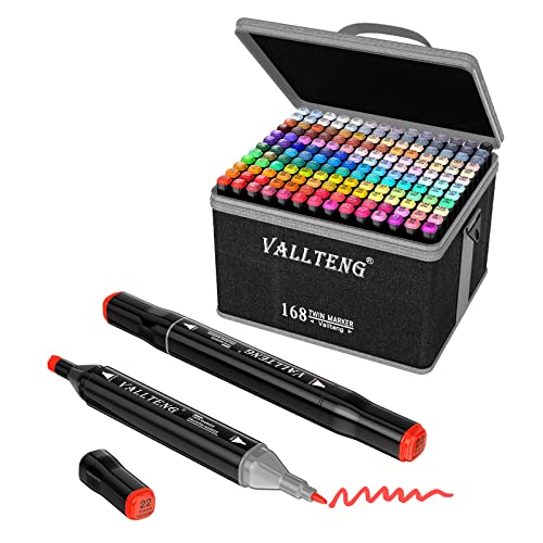 Vallteng 168 Colores Art Markers Rotulador permanente Marcador con doble punta, para dibujar bocetos Manga Sketch Pen para niños Sketch Marker Set (Negro, 168 colores)
