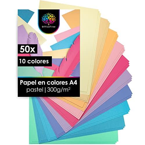 OfficeTree 50 Folios A4 Colores Pastel 300g/m² - Folios Colores A4 para Hacer Manualidades Diseñar - 10 Tonos Pastel - Cartulinas Color Pastel - Hojas de Colores - Folios de Colores Pastel A4