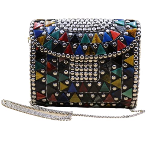 Elevanty - Bolso clutch lujo, cartera de mano de fiesta con latón y piedras de colores, cierre de metal. Cadena de metal elegante. Bolso nupcial, fiesta, diario, hecho a mano, cosas hindús