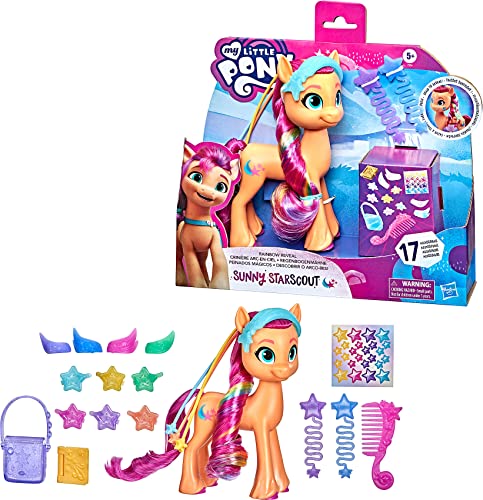 My Little Pony: A New Generation - Sunny Starscout Peinados mágicos - Poni Naranja de 15 cm con Trenza Multicolor y 17 Accesorios