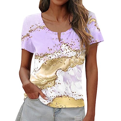 Camiseta casual para mujer, estampado de estrellas, pintura abstracta, cuello de botón, casual, holgada, manga larga, torso, Morado (, L