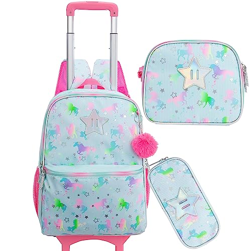 HTgroce Mochila con Ruedas Niña con Estuche para Lápices y Bolsa para el Almuerzo, Mochilas Escolares con Ruedas, Mochila 3 en 1 con Mochilas Escolares con Ruedas