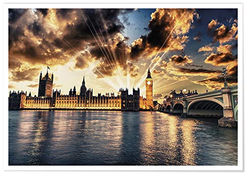 Panorama Póster con Paspartú Puesta Sol Big Ben Londres 70 x 50 cm - Impresa en Papel 250gr con Paspartú - Cuadros Decoración Salón - Cuadros para Dormitorio - Lienzos