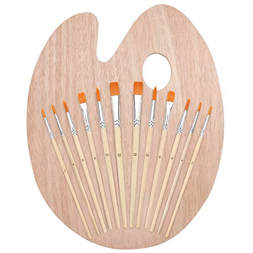 Kurtzy Set de Pinceles y Paleta de Madera (12 Pinceles) y Paleta de Pintura Ovalada para Artista - Úselo con Pintura Acrílica, Oleo y Acuarela – Pintar Lienzos, Cerámica, Arcilla, Madera y Modelos