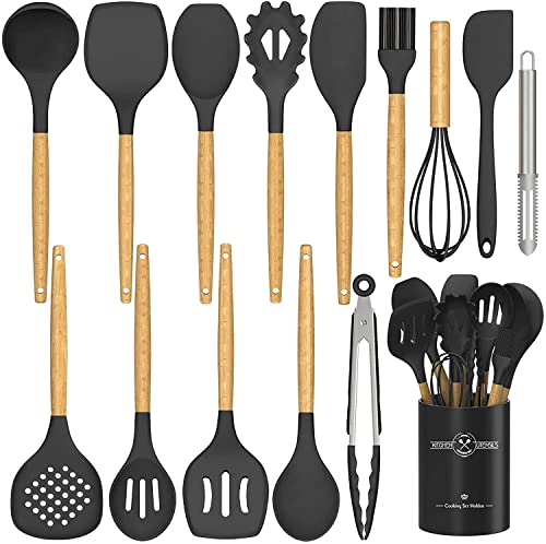 Juego de utensilios de cocina de silicona de 15 piezas, espátula antiadherente resistente al calor, juego de utensilios de cocina (negro)