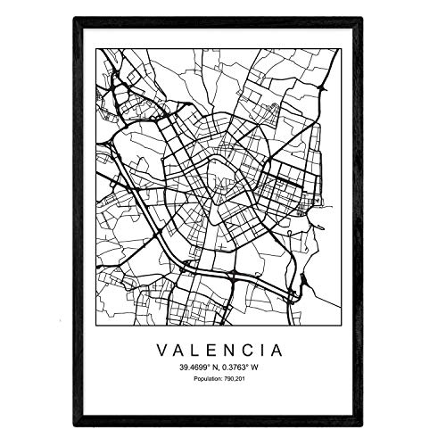 Nacnic Lámina Mapa de la Ciudad Valencia Estilo nordico en Blanco y Negro. Poster tamaño A3 Sin Marco Impreso Papel 250 gr. Cuadros, láminas y Posters para Salon y Dormitorio