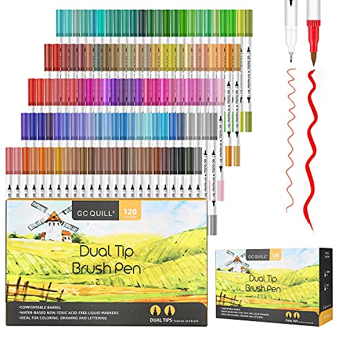 GC QUILL rotuladores lettering - 120 colores rotuladores punta pincel y fina doble punta - brush pen estuche rotuladores para Niñas Niños y Adultos colorear y caligrafía GC-120W