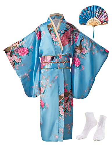 Kimono para Niña Vestido para Niños Ropa Tradicional Bata de Tela de Seda Ropa de Boda Vestido de Fiesta,conjunto de Disfraces de Cosplay con Abanicos Plegables y Calcetines Tabi,130 CM,Azul
