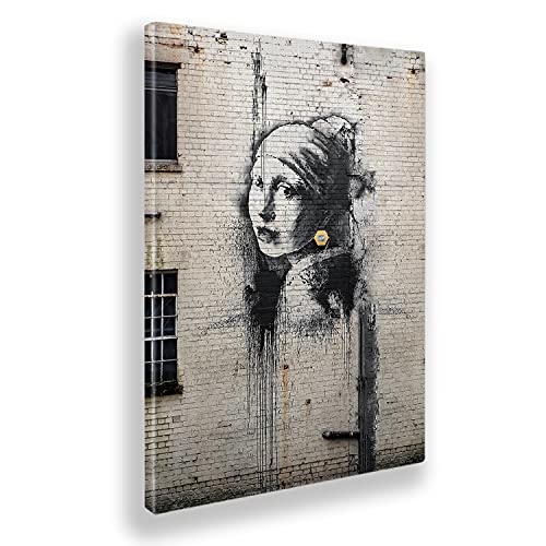 Giallobus - Cuadro - Banksy - Chica con un Pendiente de Perlas - Lienzo - 50x70 - Listo para Colgar - Cuadros Modernos para el hogar