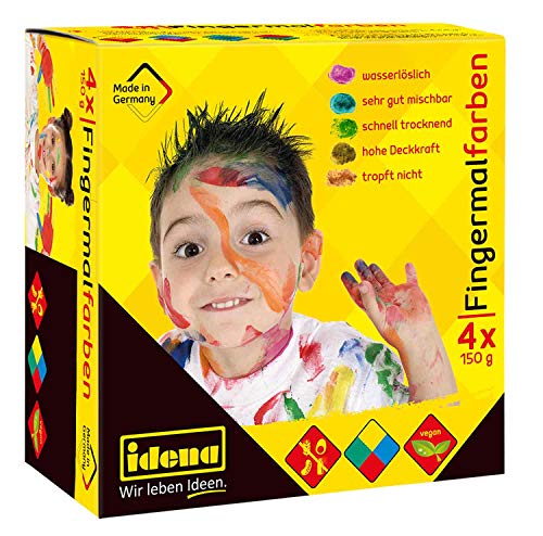 Idena 60037 - Pinturas de dedos 4 x 150 g en azul, amarillo, verde y rojo, no tóxicas y veganas, sin gluten, sin lactosa, sin cacacahuete y soluble en agua