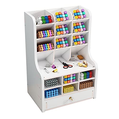 Organizador de escritorio de madera con cajón, estante de almacenamiento estacionario de escritorio, organizador de bolígrafos para oficina, hogar y suministros escolares (JB16-2 blanco)